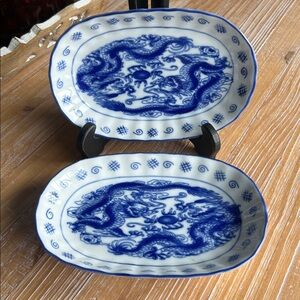 Vintage Blue And White Porcelain Serving Dishes Detailed Dual Dragon Design